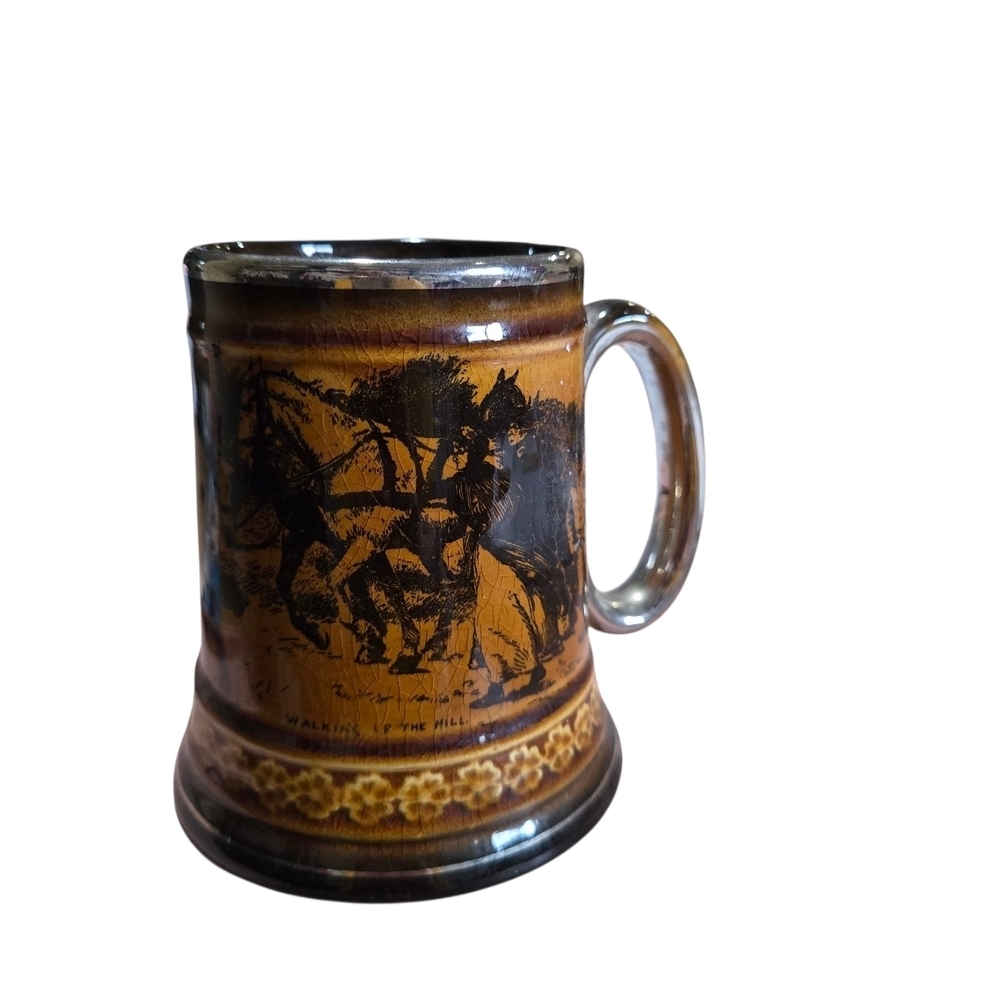 Vintage Macmillan & Co Ridgways Brown Ceramic Mug with Horse Design. Beer Stein